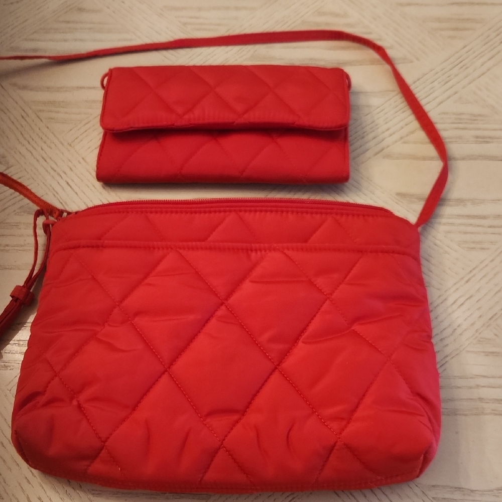 Vera Bradley Elegant Red Quilted Crossbody Bag Set Bag & Wallet Clean!